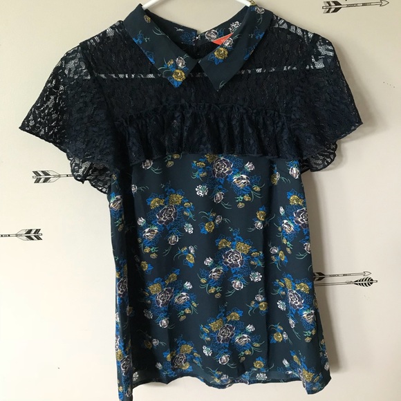 NWOT ModCloth Floral Collared Navy Blouse - Picture 2 of 5